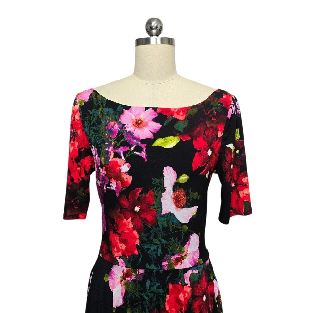 MARC BOUWER Floral Fit Flare Dress Black Red Pink Short Sleeve Size 8‎